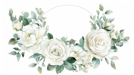 Sophisticated watercolor wreath of white roses and greenery in a silver circle frame,