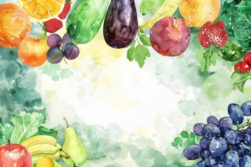 Vibrant watercolor fruit and vegetable corners for healthy living wishes,