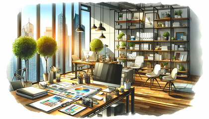 for advertisement and banner as Design Dynamics An office space where design and function meet illustrated in watercolor. in watercolor office room theme ,Full depth of field, high quality ,include co