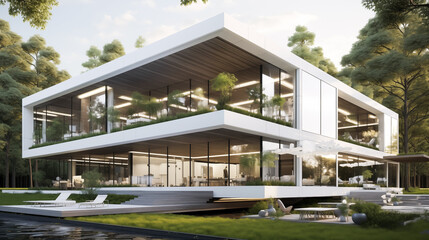 Fototapeta na wymiar Modern minimalist eco friendly building with large windows, full of trees and plants, green concept, Eco-friendly building modern city sustainable glass building Ecology concept