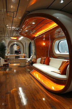 A study space with rounded edges, multilayer veneer panels, orange objects, odd multimedia, and Terada Katsuya