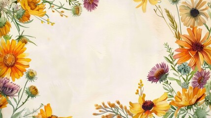 Watercolor calendula and echinacea wreath in an ellipse frame, isolated on a bright backdrop, - obrazy, fototapety, plakaty
