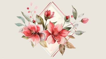Watercolor camellia wreath in a diamond-shaped frame, bright and simple backdrop,