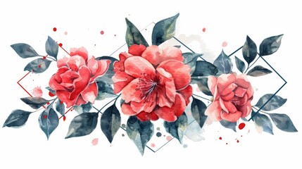 Watercolor camellia wreath in a diamond-shaped frame, bright and simple backdrop,