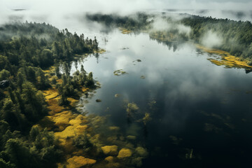 Obraz na płótnie Canvas Aerial view of Misty Forest Lake. Generative AI