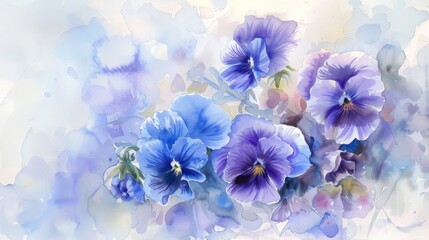 Fototapeta na wymiar Soft watercolor bouquet of baby blue eyes and pansies, simple bright background,