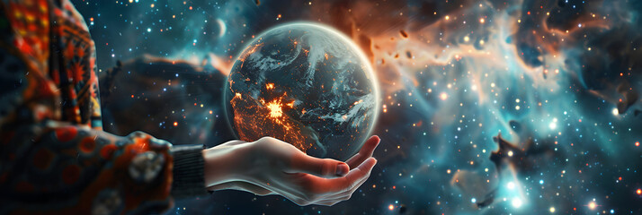 A hand holds a sphere in space. Someone holding a planet in their hands in front of a galaxy. 
 - obrazy, fototapety, plakaty