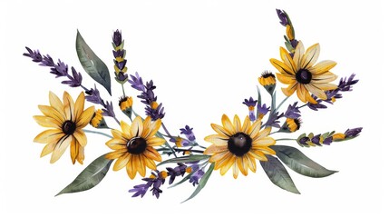 Watercolor wreath of black-eyed Susans and lavender in a teardrop frame,