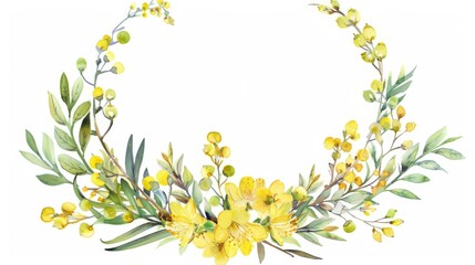 Obraz na płótnie Canvas Watercolor wreath of delicate mimosa and freesia in a teardrop frame, professional design,