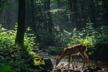 Fawn Grazing by a Forest Brook in Sunlight. 