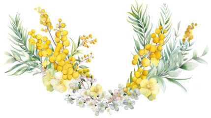 Watercolor wreath of delicate mimosa and freesia in a teardrop frame, professional design, - obrazy, fototapety, plakaty