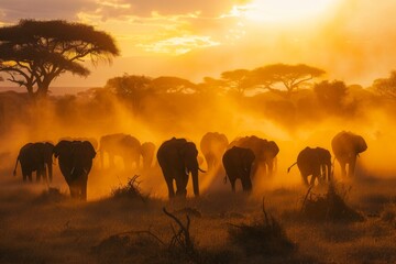 Herd of Elephants in Dusty Sunset on Savanna.  - obrazy, fototapety, plakaty