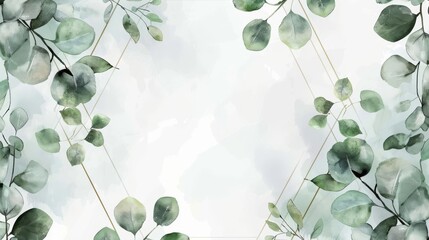 Watercolor eucalyptus wreath in a diamond frame, bright and simple backdrop, - obrazy, fototapety, plakaty