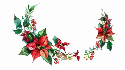 Watercolor wreath of holly and poinsettia in a crescent frame for holiday cards,