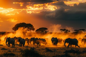 Elephant Herd Marching Through Dusty African Sunset. 