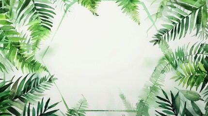 Watercolor fern wreath inside an octagonal frame, bright and simple backdrop, - obrazy, fototapety, plakaty