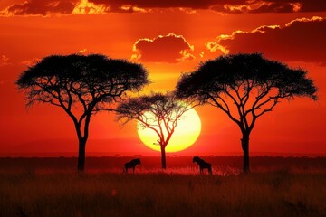 Fototapeta na wymiar Iconic African Sunset with Silhouetted Acacia Trees. 