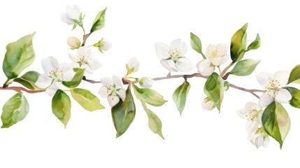 Obraz premium Watercolor jasmine branch, delicate flowers, bright simple backdrop,