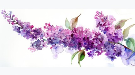 Watercolor lilac branch, fragrant blooms, bright simple background, - obrazy, fototapety, plakaty