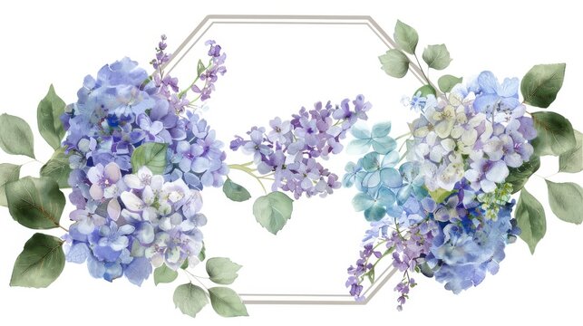 Watercolor hydrangea and lilac wreath set within a delicate pentagon frame,
