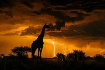 Giraffe Silhouette Against Stormy Sunset Sky. 