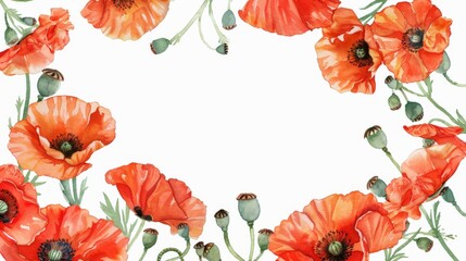 Watercolor poppy wreath in a square frame, bright and simple backdrop,