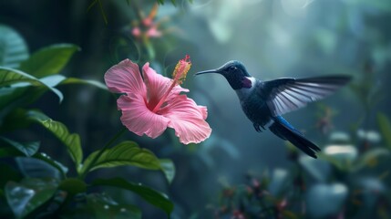 Hummingbird Violet Sabrewing flying next to beautiful pink flower in tropical forest