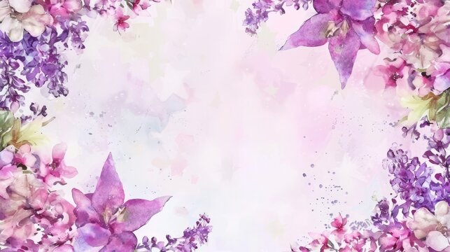 Watercolor peony and lilac wreath within a star frame, isolated on a bright backdrop,