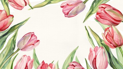 Watercolor tulip wreath inside a circular frame, simple bright backdrop,