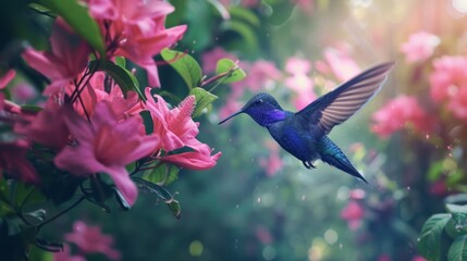  Hummingbird Violet Sabrewing flying next to beautiful pink flower in tropical forest - obrazy, fototapety, plakaty