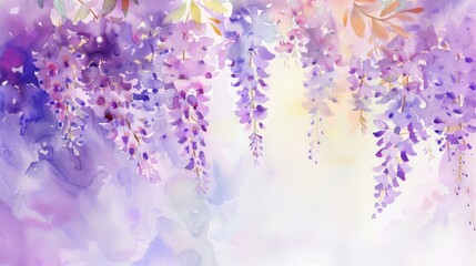 Watercolor wisteria, drooping clusters, bright simple backdrop, - obrazy, fototapety, plakaty