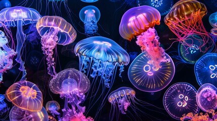 glowing jellyfishes in underwater environment, vibrant neon colors - obrazy, fototapety, plakaty