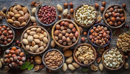 Mix of nuts in wooden bowls on rustic background, top view