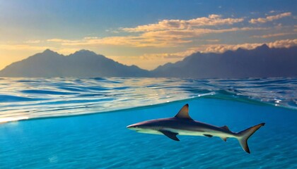 white shark swimming in the ocean at sunset