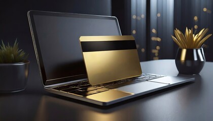 Laptop and credit card on black table. Online shopping concept