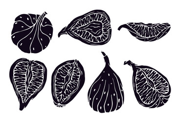 Set of silhouettes, stencils of summer figs and pieces of fruit.Vector graphics.