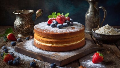 Homemade cake with fresh berries on a wooden background