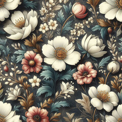 Spring flowers elegant beautiful floral seamless pattern of fabric hand-painted flowers with dark...