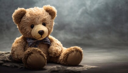 Teddy bear with bow tie on dark background with copy space.
