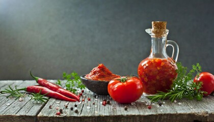 red hot sauce in a glass bottle and ingredients on a wooden table