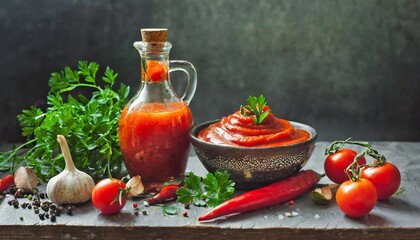 Tomato and hot sauce in a glass bottle and ingredients on a dark background
