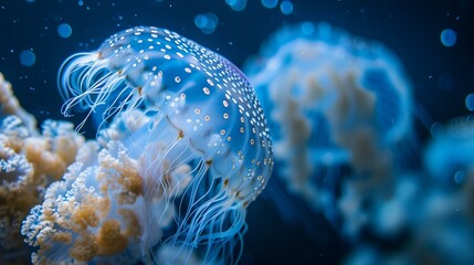 close up macro of a jelly fish, blue tones