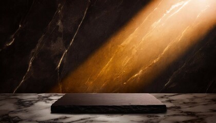 Empty black marble table and spotlights on dark background. For product display