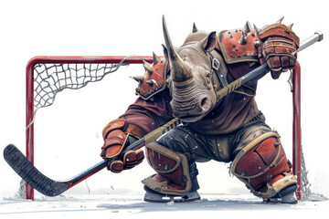 A powerful and detailed artwork depicting a rhino as an ice hockey goalie, clad in protective gear, ready to defend the goal with fierce determination.