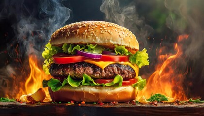 Big tasty cheeseburger with beef cutlet, tomato, onion and lettuce on wooden board with fire on background