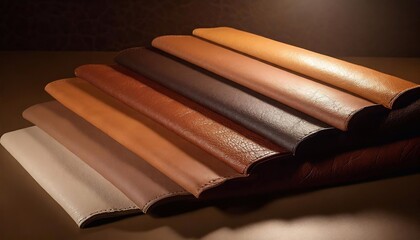 Leather samples of different colors on a shelf in a shop
