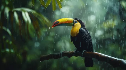 Ingelijste posters chestnut mandibled toucan sitting on a wooden branch in a tropical forest © SAHURI