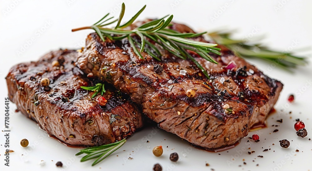 Wall mural juicy beef sirloin fillet grilled steaks with pepper and rosemary on white background.macro.ai gener