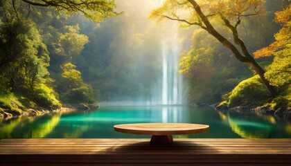 Empty wooden table and blurred background of beautiful waterfall. For product display