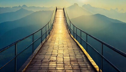 Suspension bridge over the mountain in the morning, - obrazy, fototapety, plakaty
